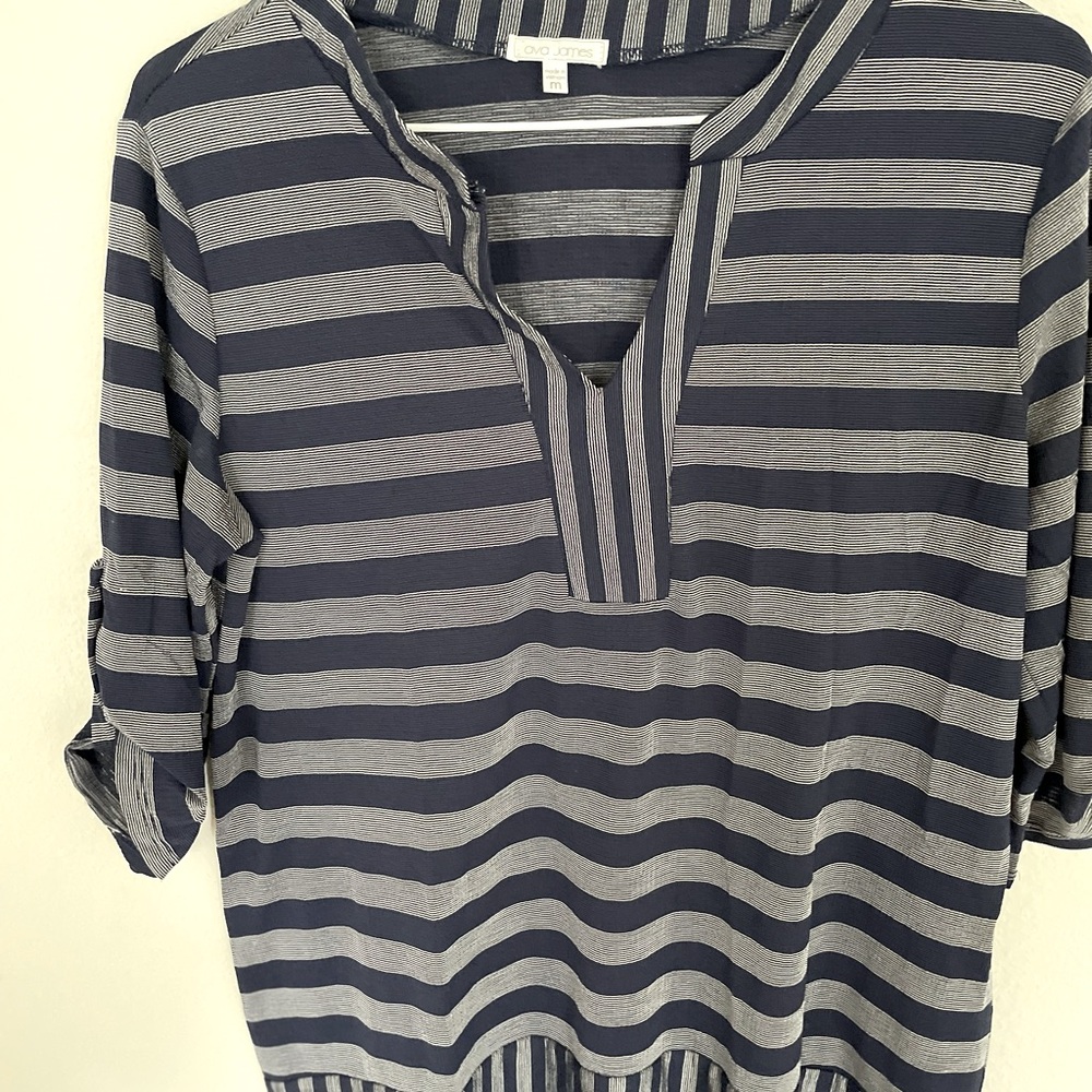Ava James plunging neckline blue and white striped blouse.